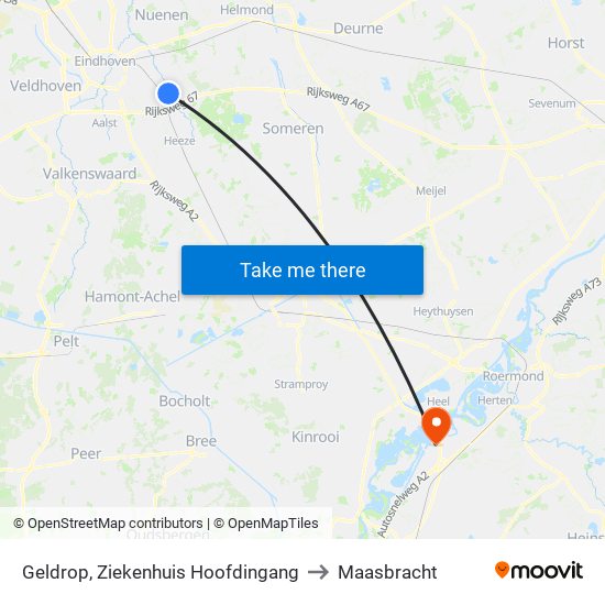 Geldrop, Ziekenhuis Hoofdingang to Maasbracht map