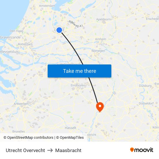 Utrecht Overvecht to Maasbracht map