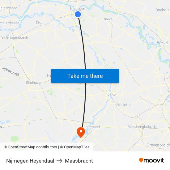 Nijmegen Heyendaal to Maasbracht map