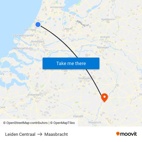 Leiden Centraal to Maasbracht map