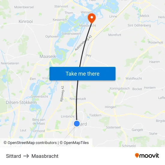 Sittard to Maasbracht map
