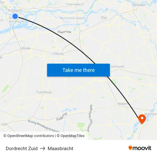 Dordrecht Zuid to Maasbracht map
