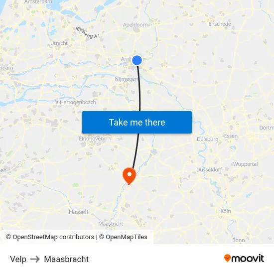 Velp to Maasbracht map
