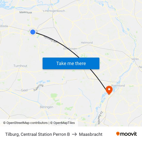 Tilburg, Centraal Station Perron B to Maasbracht map