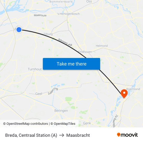 Breda, Centraal Station (A) to Maasbracht map