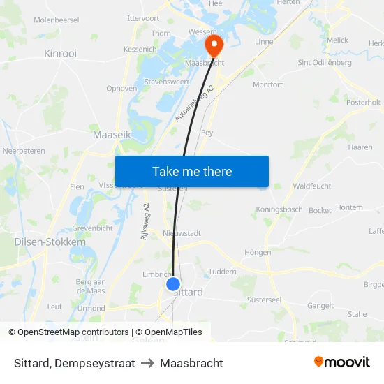 Sittard, Dempseystraat to Maasbracht map