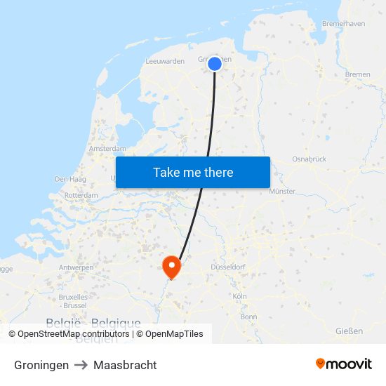 Groningen to Maasbracht map