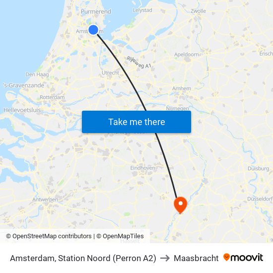 Amsterdam, Station Noord (Perron A2) to Maasbracht map