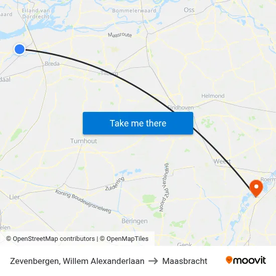 Zevenbergen, Willem Alexanderlaan to Maasbracht map