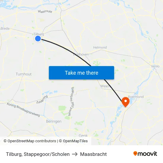 Tilburg, Stappegoor/Scholen to Maasbracht map