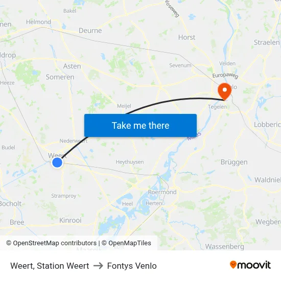 Weert, Station Weert to Fontys Venlo map