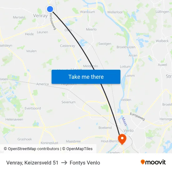 Venray, Keizersveld 51 to Fontys Venlo map