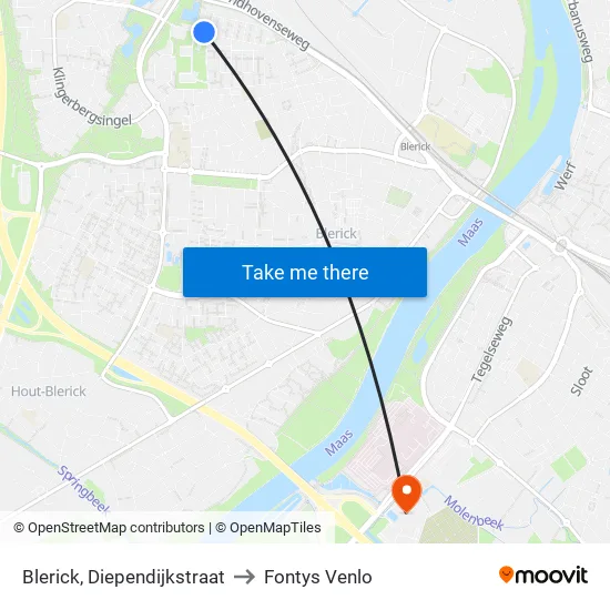Blerick, Diependijkstraat to Fontys Venlo map