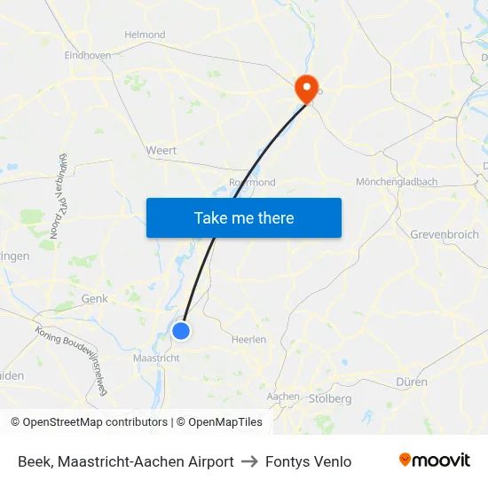 Beek, Maastricht-Aachen Airport to Fontys Venlo map