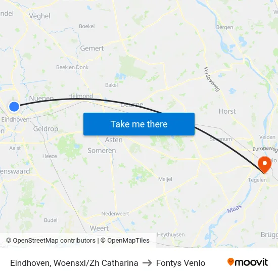 Eindhoven, Woensxl/Zh Catharina to Fontys Venlo map
