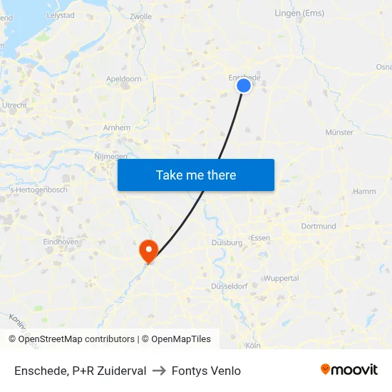 Enschede, P+R Zuiderval to Fontys Venlo map