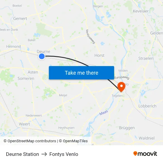 Deurne Station to Fontys Venlo map