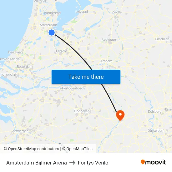 Amsterdam Bijlmer Arena to Fontys Venlo map