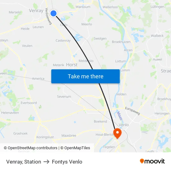 Venray, Station Venray to Fontys Venlo map