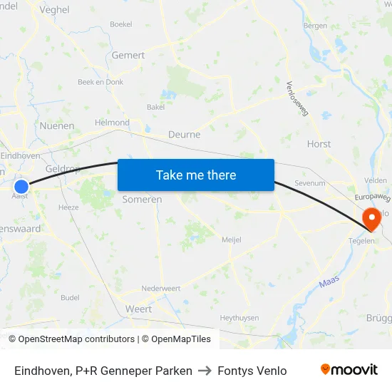Eindhoven, P+R Genneper Parken to Fontys Venlo map