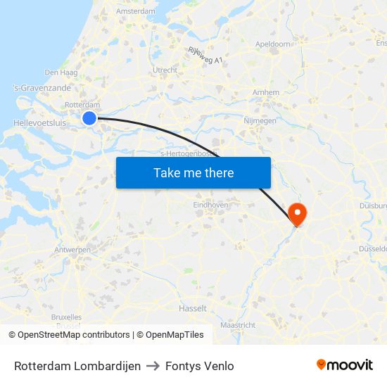 Rotterdam Lombardijen to Fontys Venlo map