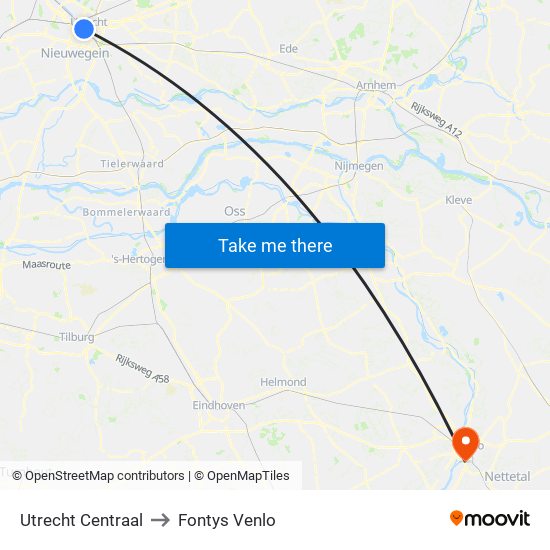 Utrecht Centraal to Fontys Venlo map