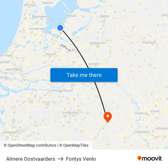 Almere Oostvaarders to Fontys Venlo map