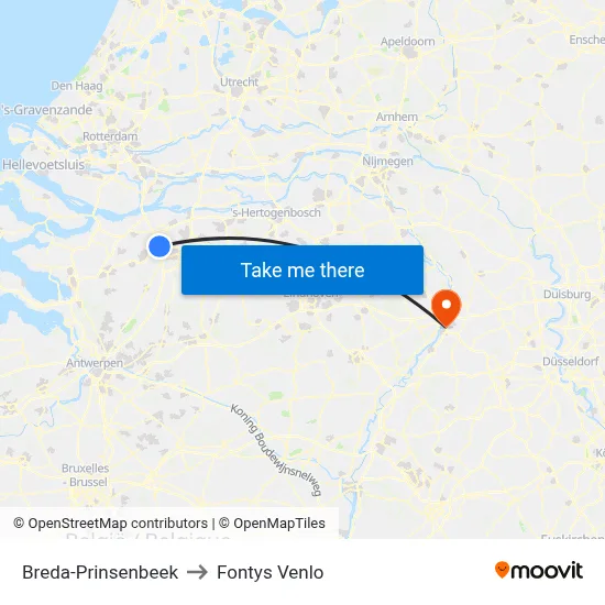 Breda-Prinsenbeek to Fontys Venlo map