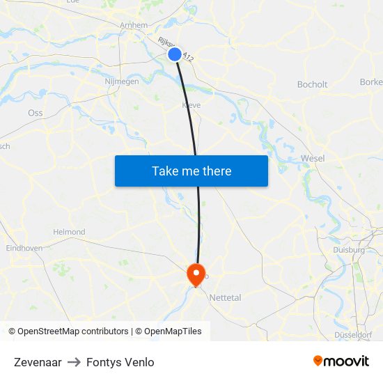 Zevenaar to Fontys Venlo map