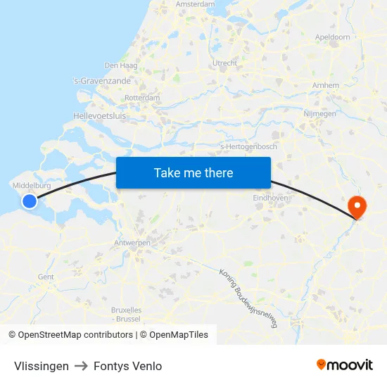 Vlissingen to Fontys Venlo map