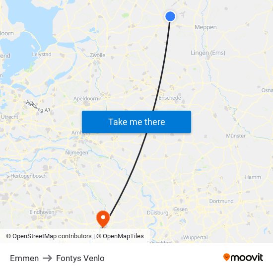 Emmen to Fontys Venlo map