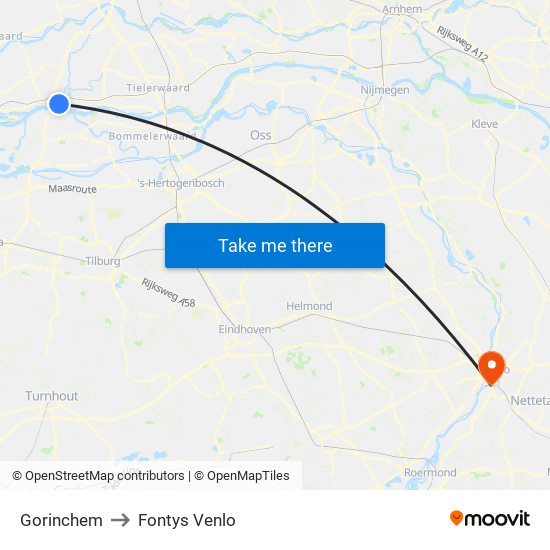 Gorinchem to Fontys Venlo map