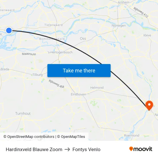 Hardinxveld Blauwe Zoom to Fontys Venlo map