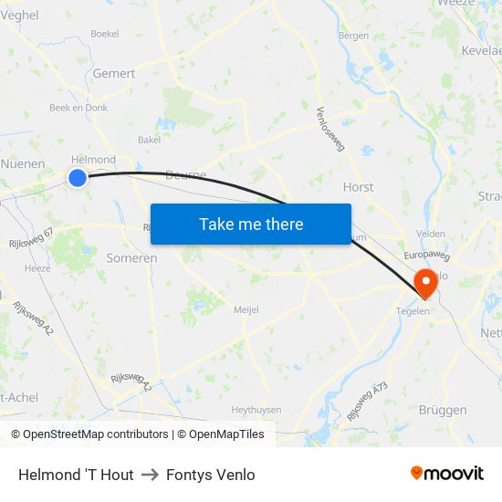 Helmond 'T Hout to Fontys Venlo map