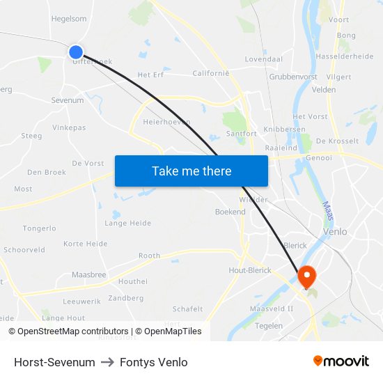 Horst-Sevenum to Fontys Venlo map