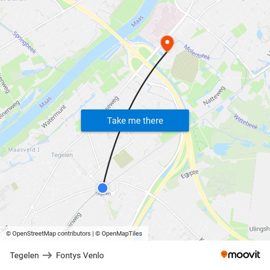 Tegelen to Fontys Venlo map