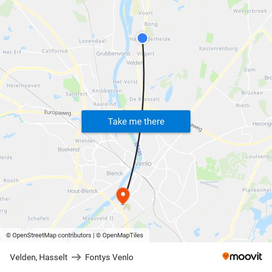 Velden, Hasselt to Fontys Venlo map