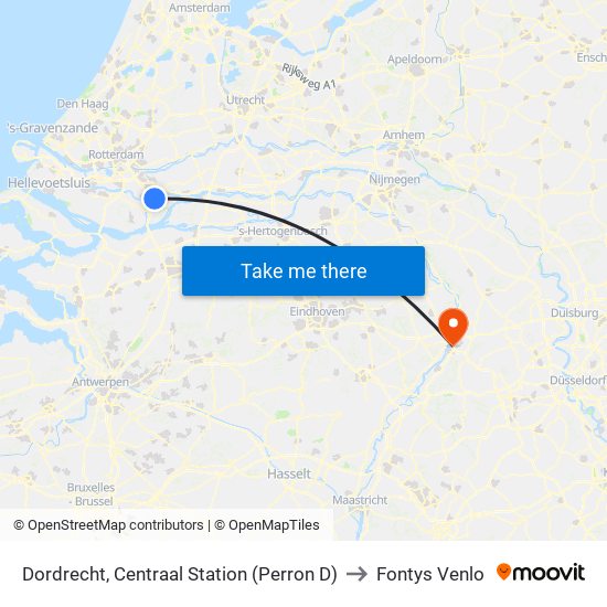 Dordrecht, Centraal Station (Perron D) to Fontys Venlo map
