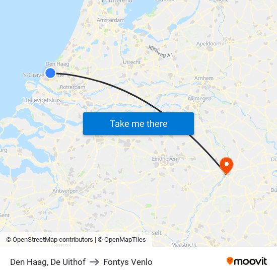 Den Haag, De Uithof to Fontys Venlo map