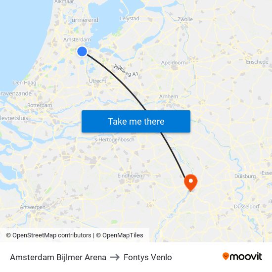 Amsterdam Bijlmer Arena to Fontys Venlo map