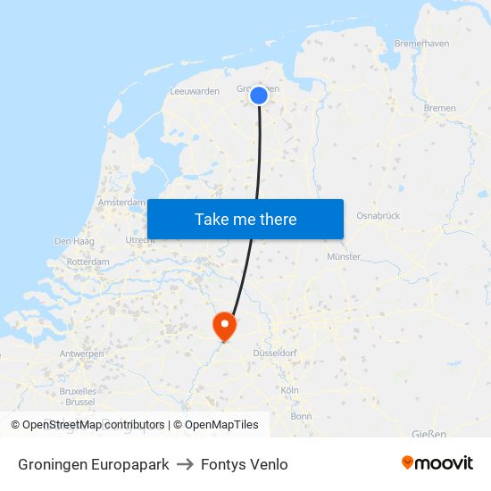 Groningen Europapark to Fontys Venlo map