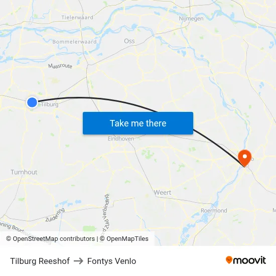 Tilburg Reeshof to Fontys Venlo map