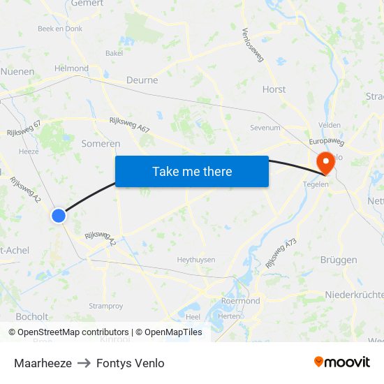 Maarheeze to Fontys Venlo map