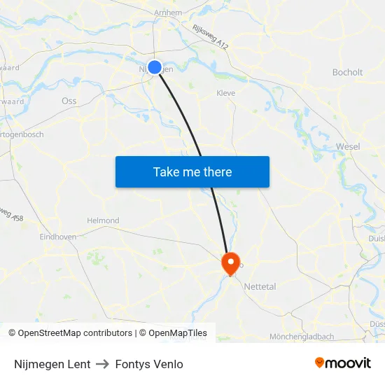 Nijmegen Lent to Fontys Venlo map