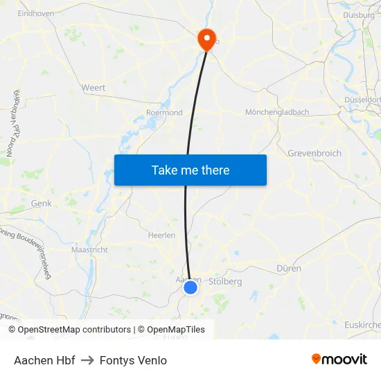 Aachen Hbf to Fontys Venlo map
