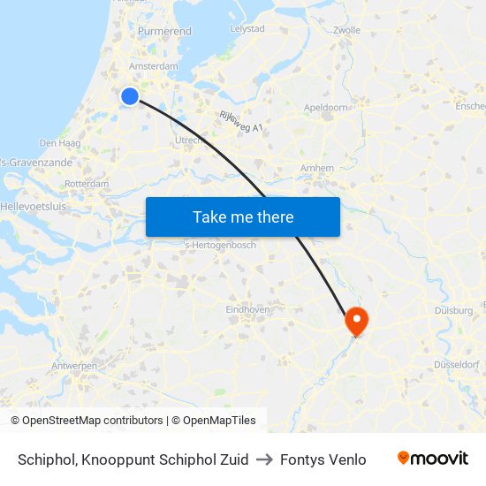 Schiphol, Knooppunt Schiphol Zuid to Fontys Venlo map