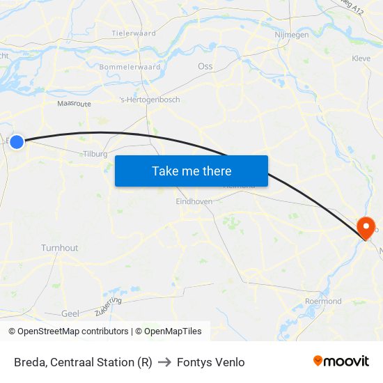 Breda, Centraal Station (R) to Fontys Venlo map