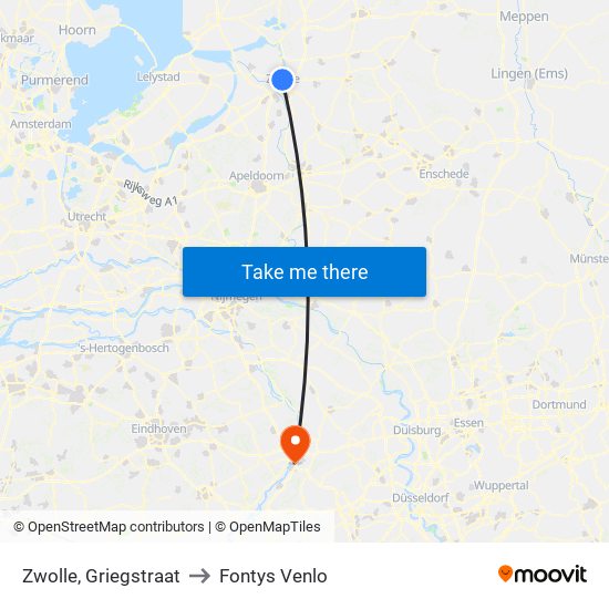 Zwolle, Griegstraat to Fontys Venlo map