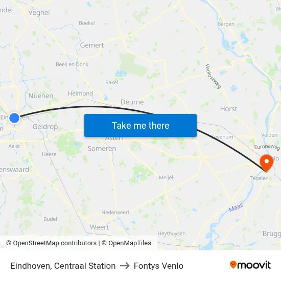 Eindhoven, Centraal Station to Fontys Venlo map
