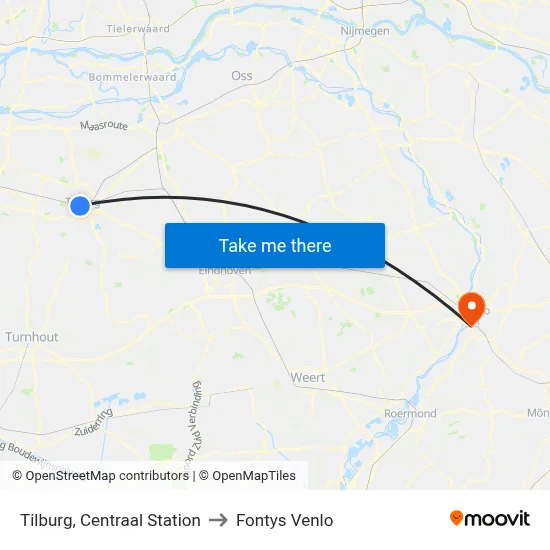 Tilburg, Centraal Station to Fontys Venlo map